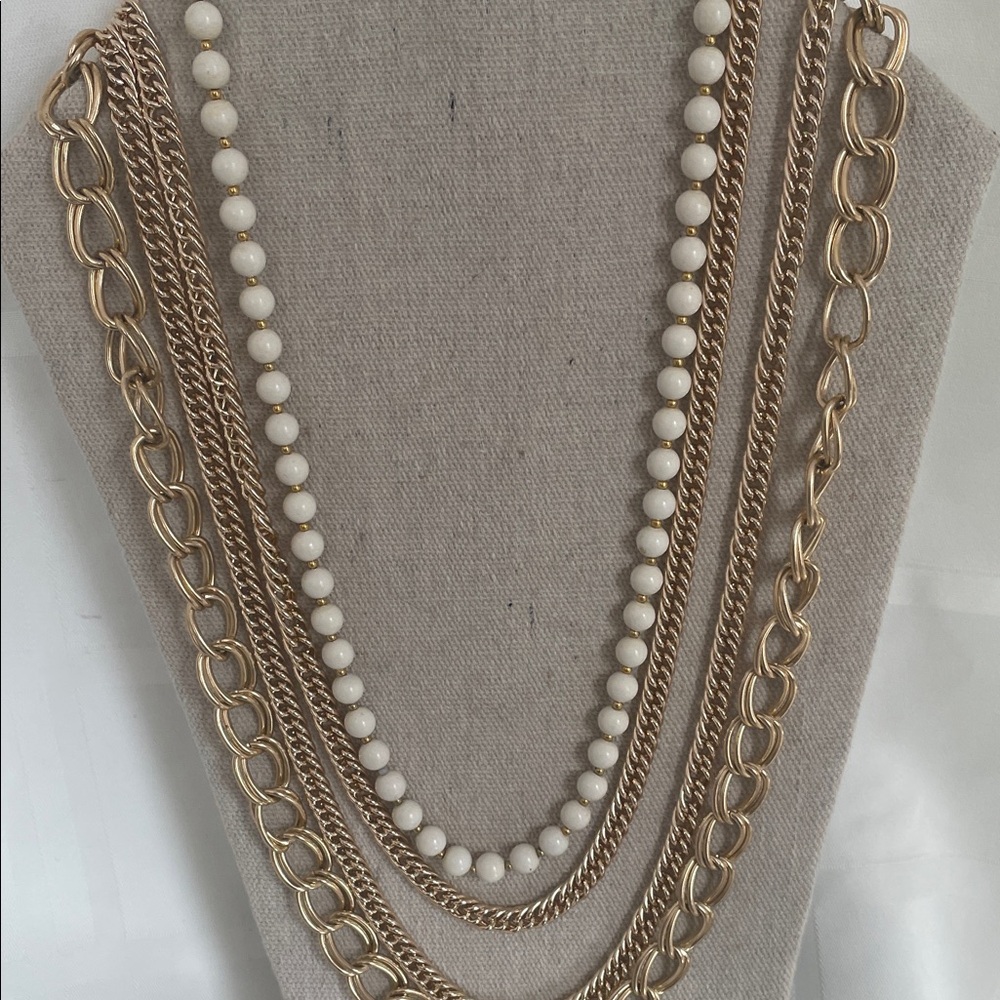 Gold Multi-Strand Multi Length Necklace w/White Beads - Women Jewelry - Trio set - Picture 3 of 11